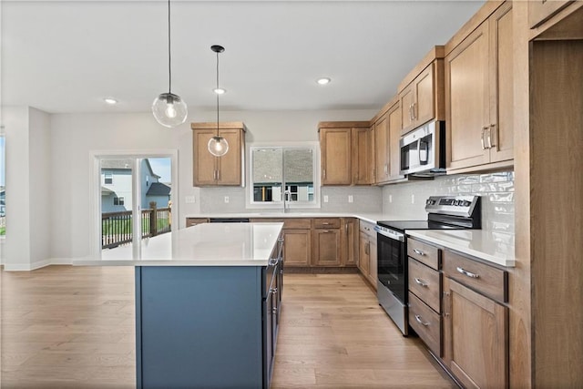 kitchen with a sink, stainless steel appliances, tasteful backsplash, and light wood finished floors