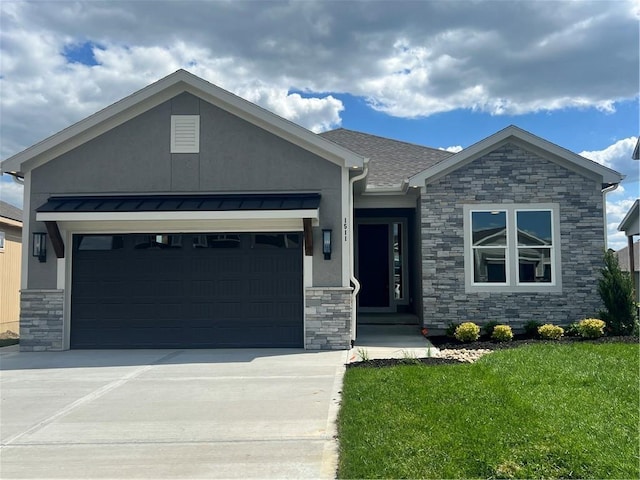 1511 SW Arbor Park Dr, Lees Summit, MO 64082 - view of front facade with stone siding, a garage, concrete driveway, a front yard, and a standing seam roof