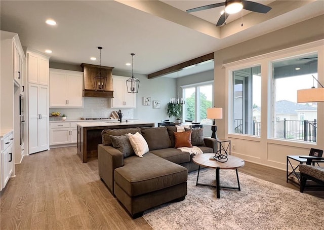 1511 SW Arbor Park Dr, Lees Summit, MO 64082 - living area featuring light wood-style floors, ceiling fan, and recessed lighting