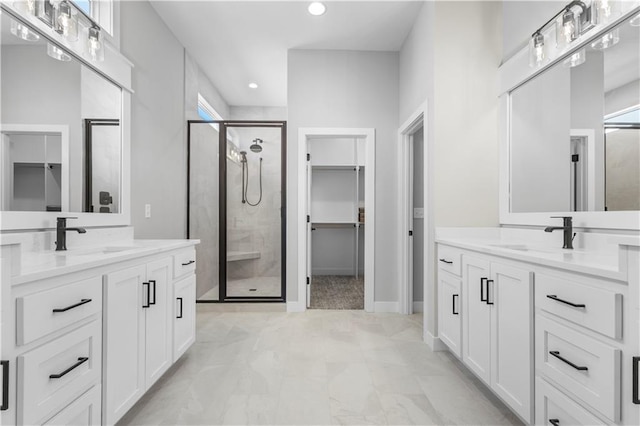 1511 SW Arbor Park Dr, Lees Summit, MO 64082 - full bath with a shower stall, a walk in closet, two vanities, and recessed lighting