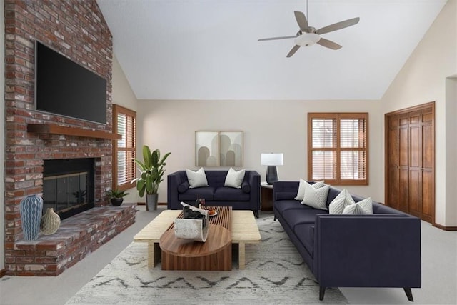 living room featuring ceiling fan, light colored carpet, high vaulted ceiling, and a brick fireplace