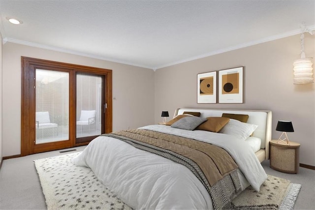 carpeted bedroom featuring crown molding and access to outside