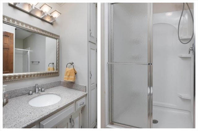 bathroom with walk in shower and vanity