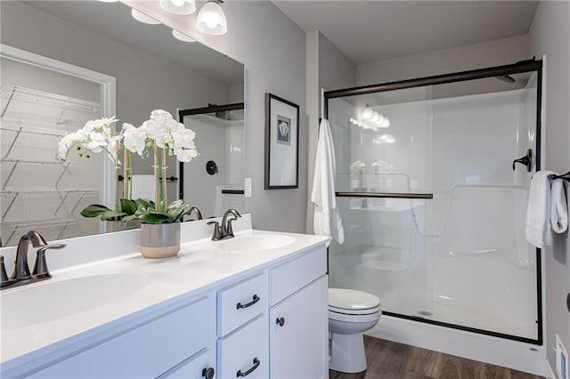 full bathroom featuring toilet, a shower stall, double vanity, and a sink