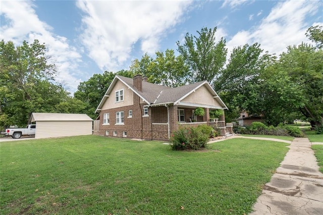 view of side of home with a porch and a lawn