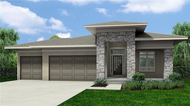 prairie-style house featuring a shingled roof, a front yard, driveway, stone siding, and an attached garage