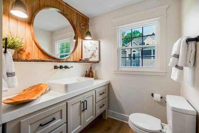 bathroom with hardwood / wood-style floors, vanity, a wealth of natural light, and toilet