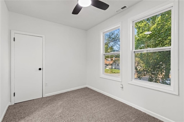 empty room featuring a wealth of natural light, carpet, and ceiling fan