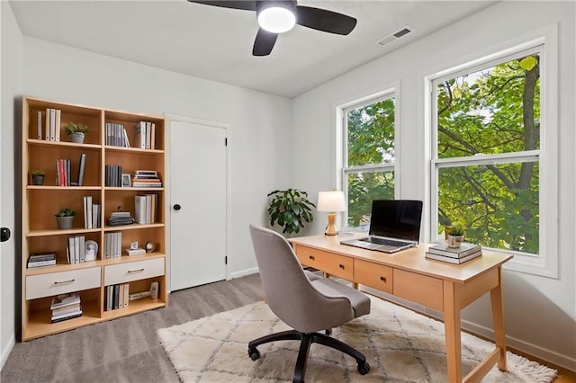 office area featuring ceiling fan and light hardwood / wood-style flooring