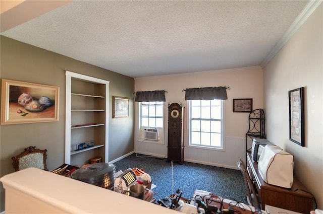 bedroom featuring ornamental molding, carpet, cooling unit, and a textured ceiling