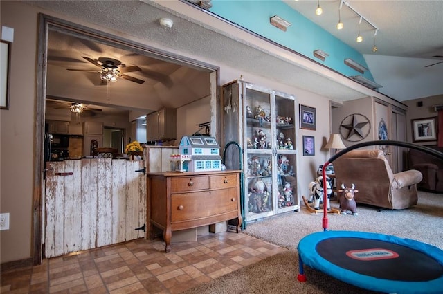 playroom with ceiling fan, carpet floors, vaulted ceiling, and a textured ceiling