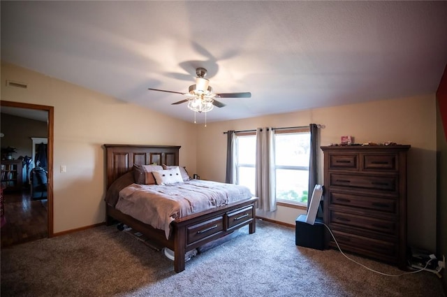 carpeted bedroom featuring ceiling fan and lofted ceiling