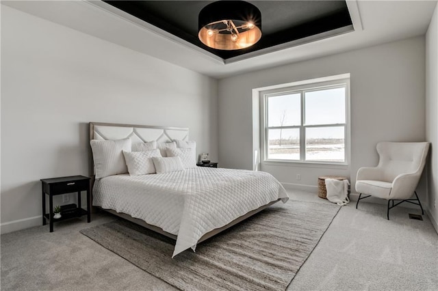 carpeted bedroom with a raised ceiling