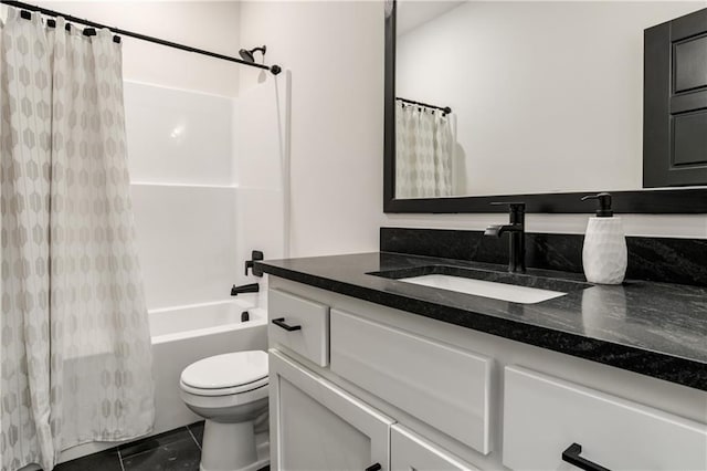 full bathroom featuring shower / bath combination with curtain, vanity, tile patterned floors, and toilet