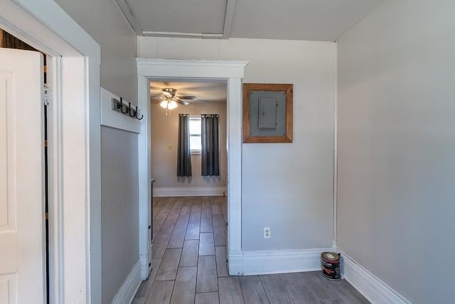 hall with hardwood / wood-style floors and electric panel