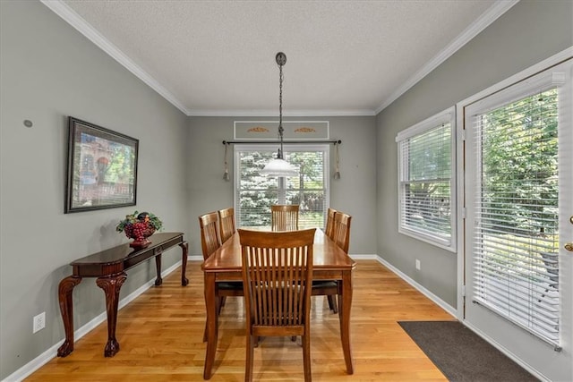 dining area featuring plenty of natural light, ornamental molding, and light hardwood / wood-style floors