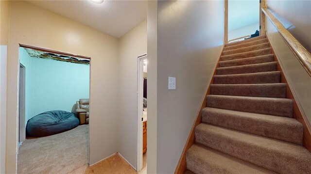 stairs featuring vaulted ceiling and carpet