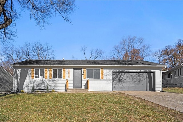 single story home featuring a front yard and a garage