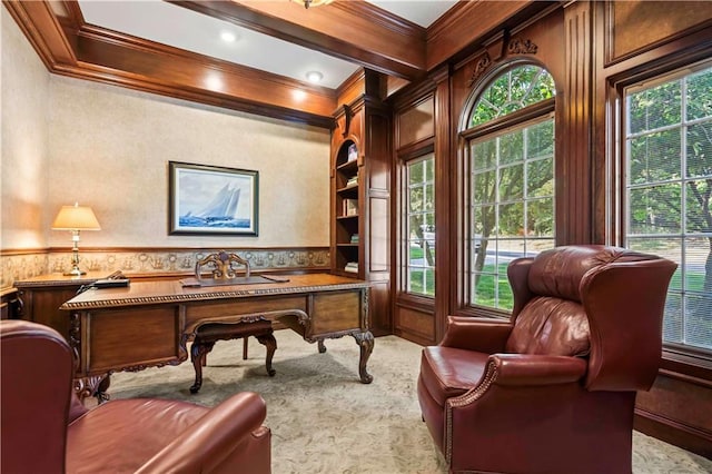 home office with ornamental molding and a wealth of natural light