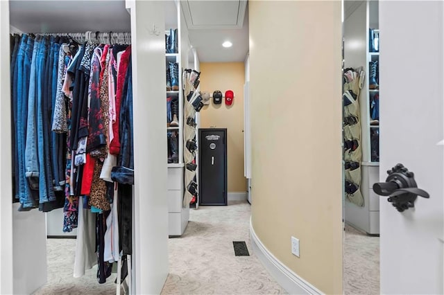 spacious closet with light carpet