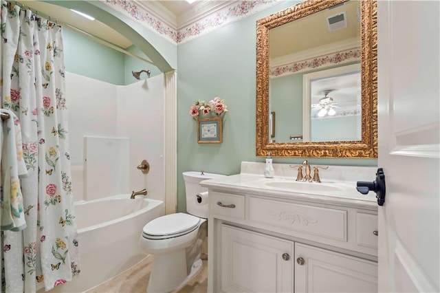 full bathroom with shower / bathtub combination with curtain, toilet, ceiling fan, ornamental molding, and vanity