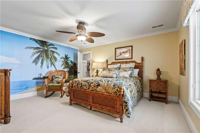 carpeted bedroom featuring ornamental molding, a water view, and ceiling fan