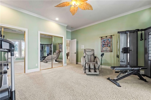 workout area with carpet flooring, ceiling fan, and ornamental molding