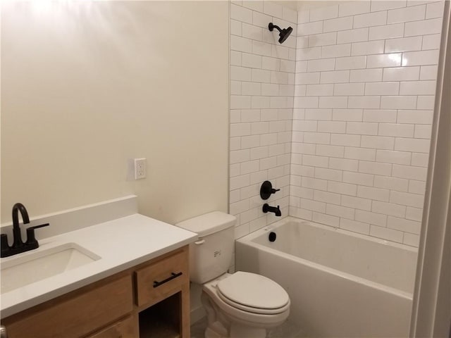 full bathroom with tiled shower / bath combo, toilet, and vanity