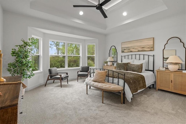 14574 Aurora Ln, Basehor, KS 66007 - bedroom featuring a raised ceiling, carpet flooring, baseboards, recessed lighting, and ceiling fan