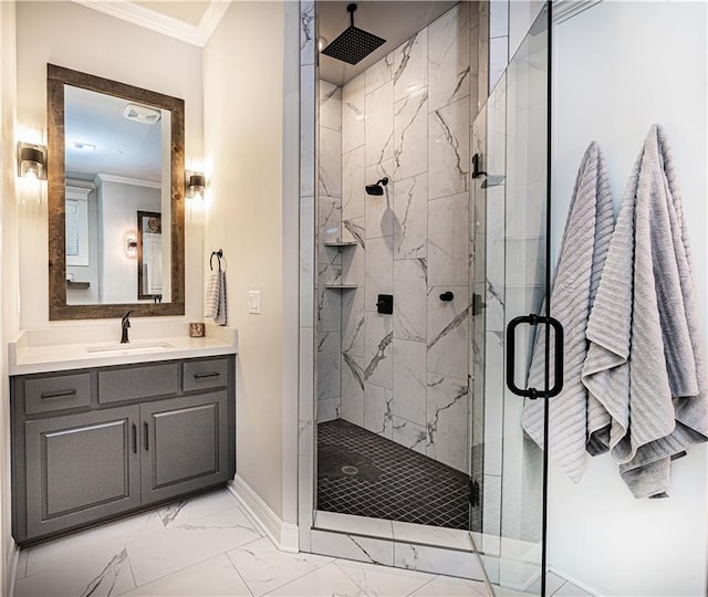 bathroom featuring vanity, ornamental molding, and walk in shower