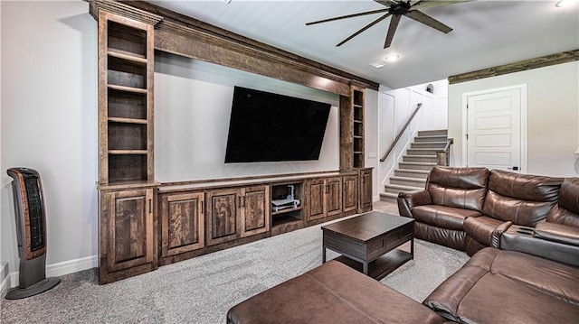 living room featuring ceiling fan and carpet flooring