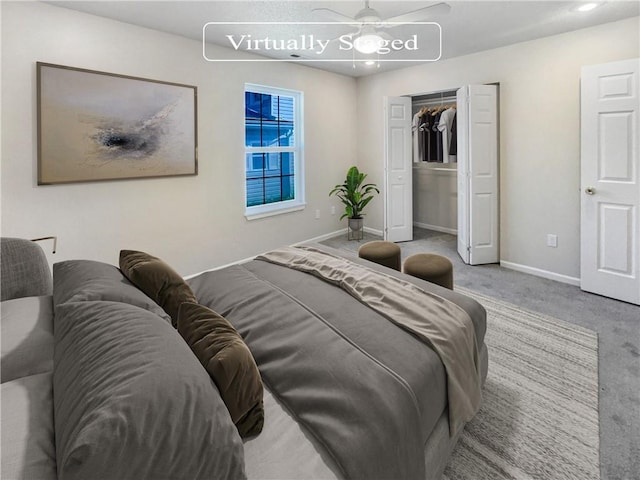 carpeted bedroom featuring ceiling fan