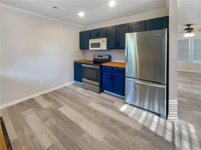 kitchen featuring light wood-type flooring, ornamental molding, stainless steel appliances, wood counters, and ceiling fan