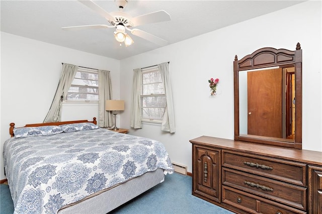 bedroom featuring carpet flooring, a baseboard heating unit, and a ceiling fan