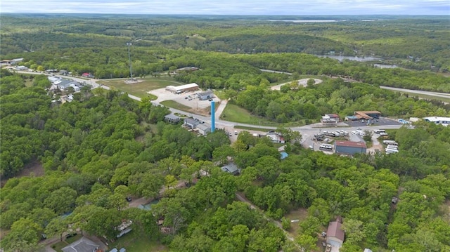 bird's eye view with a water view and a forest view
