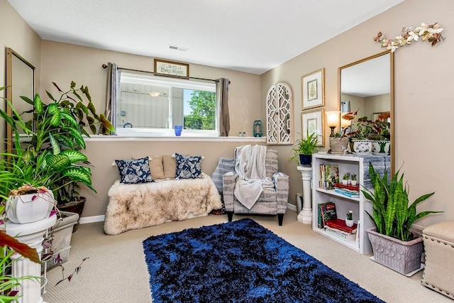 living area featuring carpet flooring