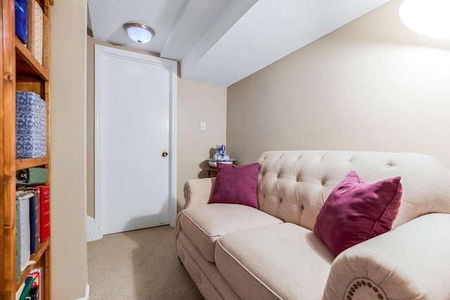 interior space featuring a textured ceiling and light carpet