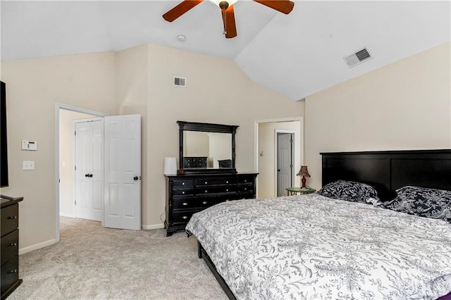 bedroom featuring light colored carpet, ceiling fan, and lofted ceiling