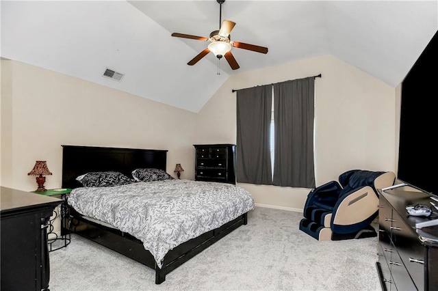 bedroom featuring light colored carpet, ceiling fan, and lofted ceiling