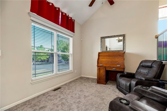 8500 NE 99th Ter, Kansas City, MO 64157 - living area with light carpet, high vaulted ceiling, and ceiling fan