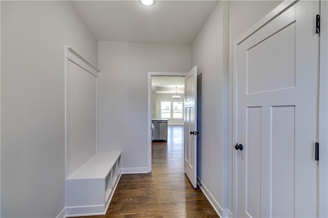 mudroom with dark hardwood / wood-style flooring and an inviting chandelier