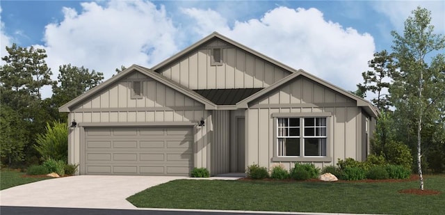 modern farmhouse style home with a front yard, board and batten siding, concrete driveway, and an attached garage