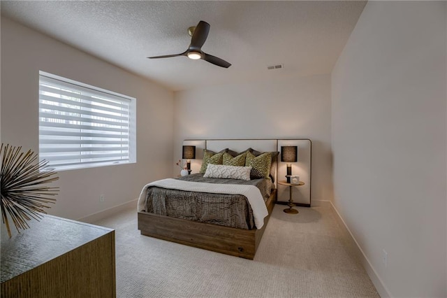 4511 W 136th St, Leawood, KS 66224 - carpeted bedroom with baseboards, visible vents, a ceiling fan, and a textured ceiling