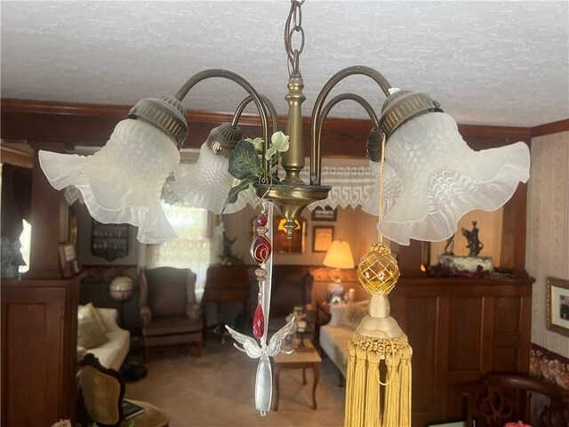 room details featuring crown molding and a textured ceiling