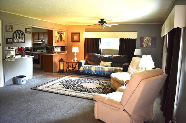 carpeted living room with ceiling fan and a textured ceiling