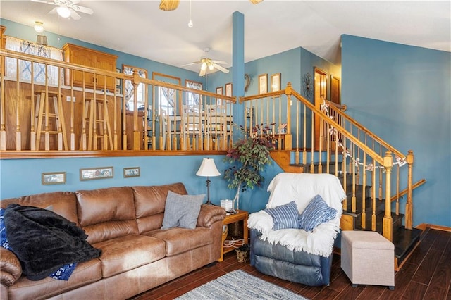 living room with dark hardwood / wood-style floors and ceiling fan