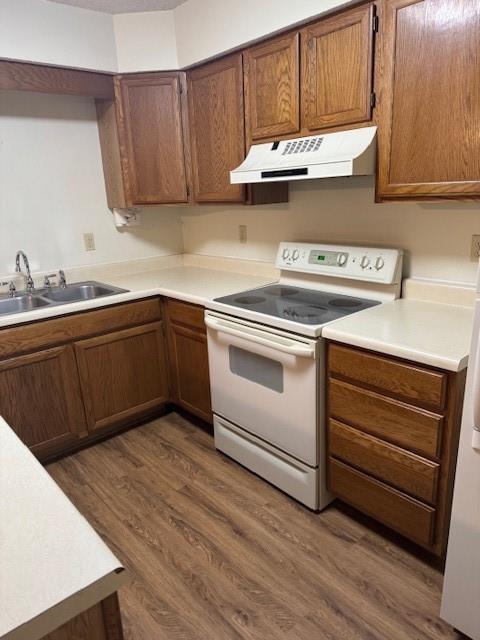 kitchen with light countertops, electric range, dark wood-type flooring, a sink, and under cabinet range hood