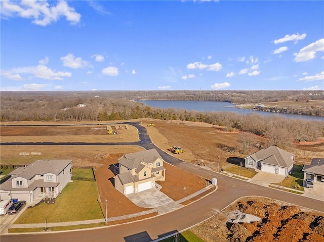 aerial view featuring a water view