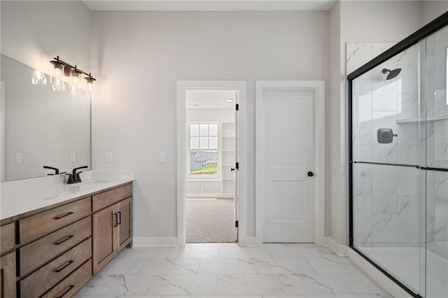 25010 W 142nd St, Olathe, KS 66061 - bathroom featuring marble look tile flooring, vanity, and a marble finish shower