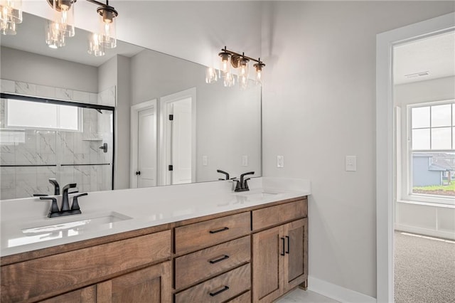 25010 W 142nd St, Olathe, KS 66061 - full bathroom featuring double vanity, a stall shower, and a chandelier
